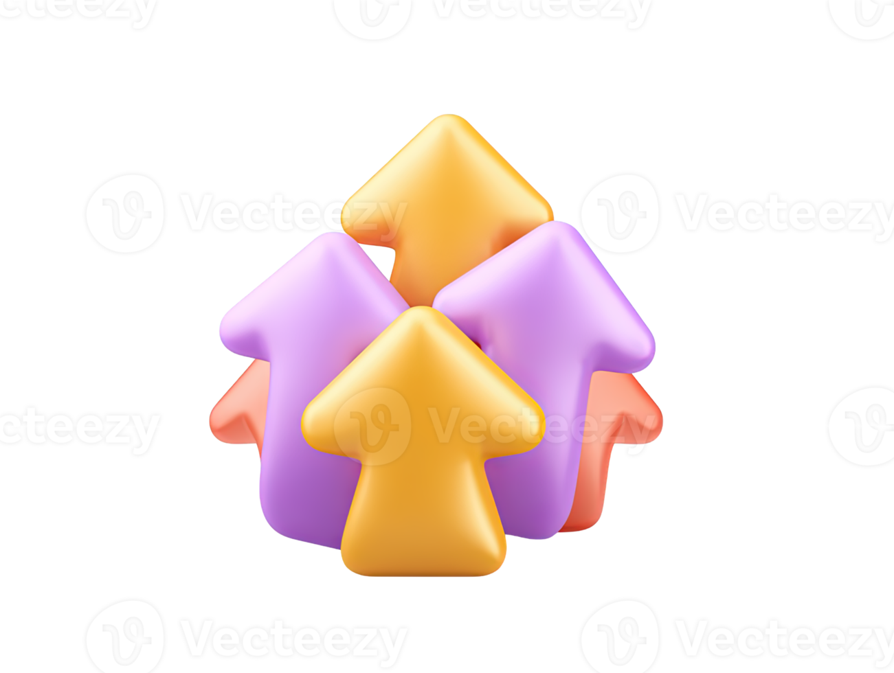 A 3D rendered icon with multiple arrows in purple yellow and orange pointing upwards symbolizing growth progress success upward trends or positive development in business or finance png
