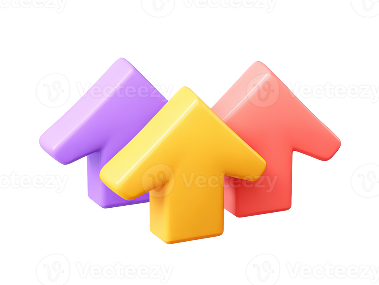 A dynamic 3D rendered icon of purple yellow and orange arrows pointing up signifying financial growth market success achieving goals or positive business momentum and forward movement now png