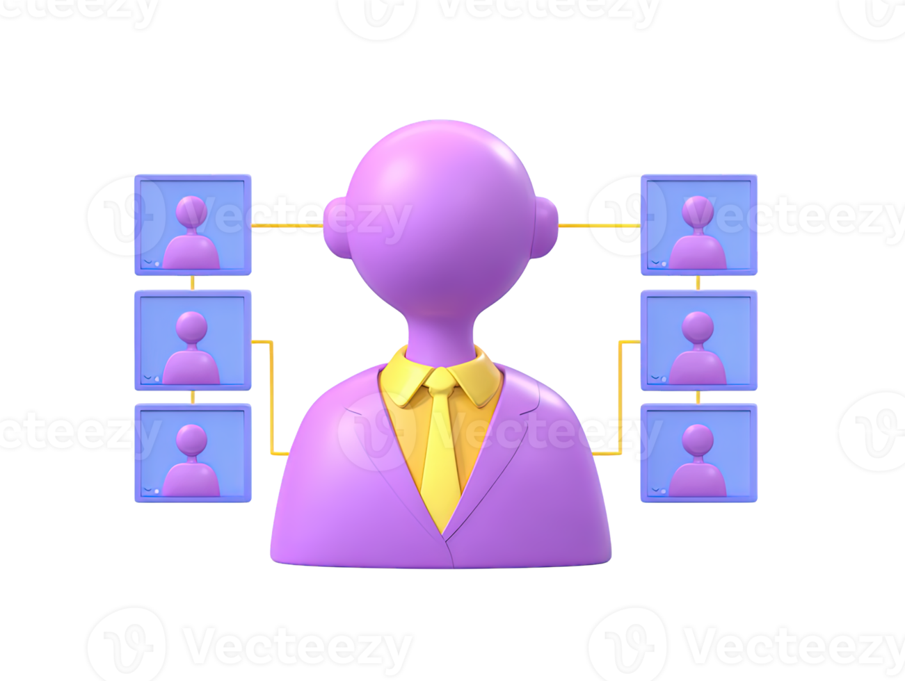 A 3D rendered icon of a purple figure analyzing data on multiple dashboards representing business intelligence analytics reporting or data driven decision making processes in a corporate setting png