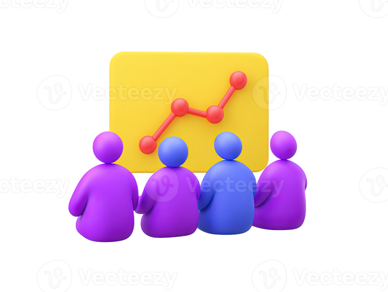 A 3D rendered icon of a team meeting with purple and blue figures discussing a yellow presentation board showing a rising graph symbolizing collaborative analysis strategic planning or business growth png