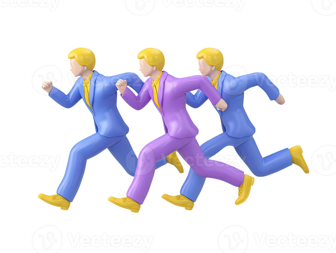 A dynamic 3D rendered icon of three stylized figures in blue purple and yellow running together signifying competition race teamwork or fast paced progress towards a common goal effectively png
