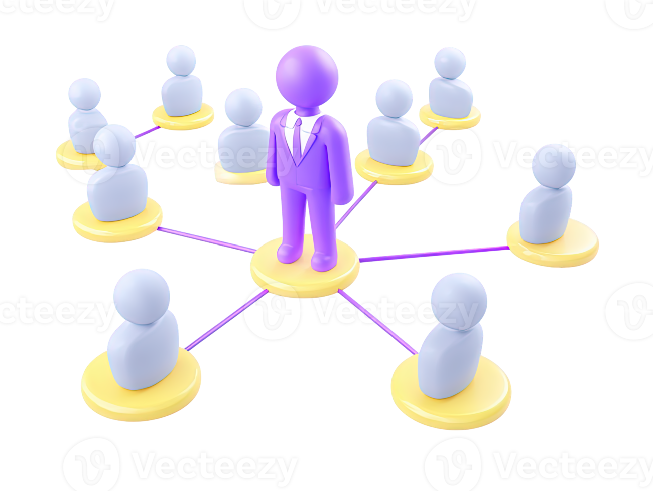 A 3D rendered icon illustrating a hierarchical network with a prominent purple leader figure connecting to yellow team members symbolizing leadership management and corporate structure png