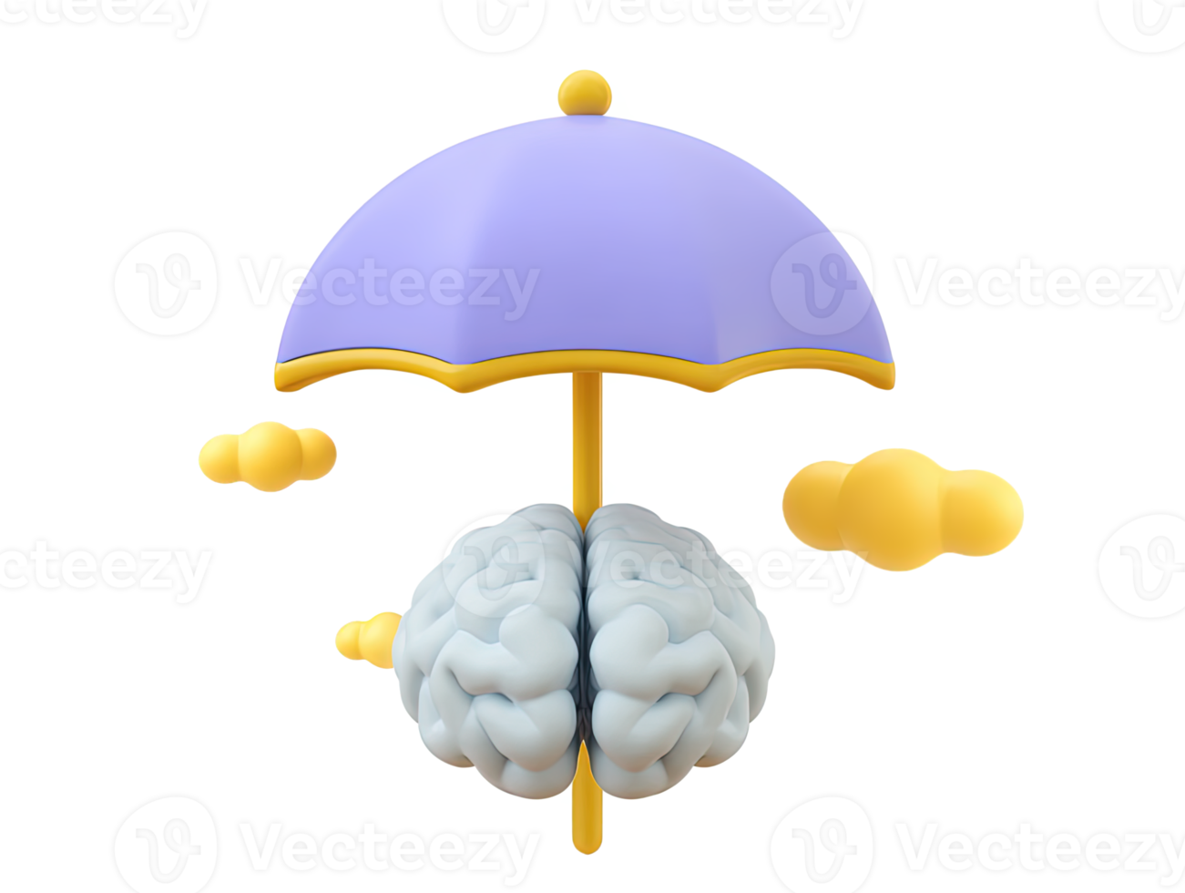 A 3D rendered brain protected by a purple umbrella with yellow clouds symbolizing intellectual property protection mental health awareness creative idea security or knowledge safety from any harm png
