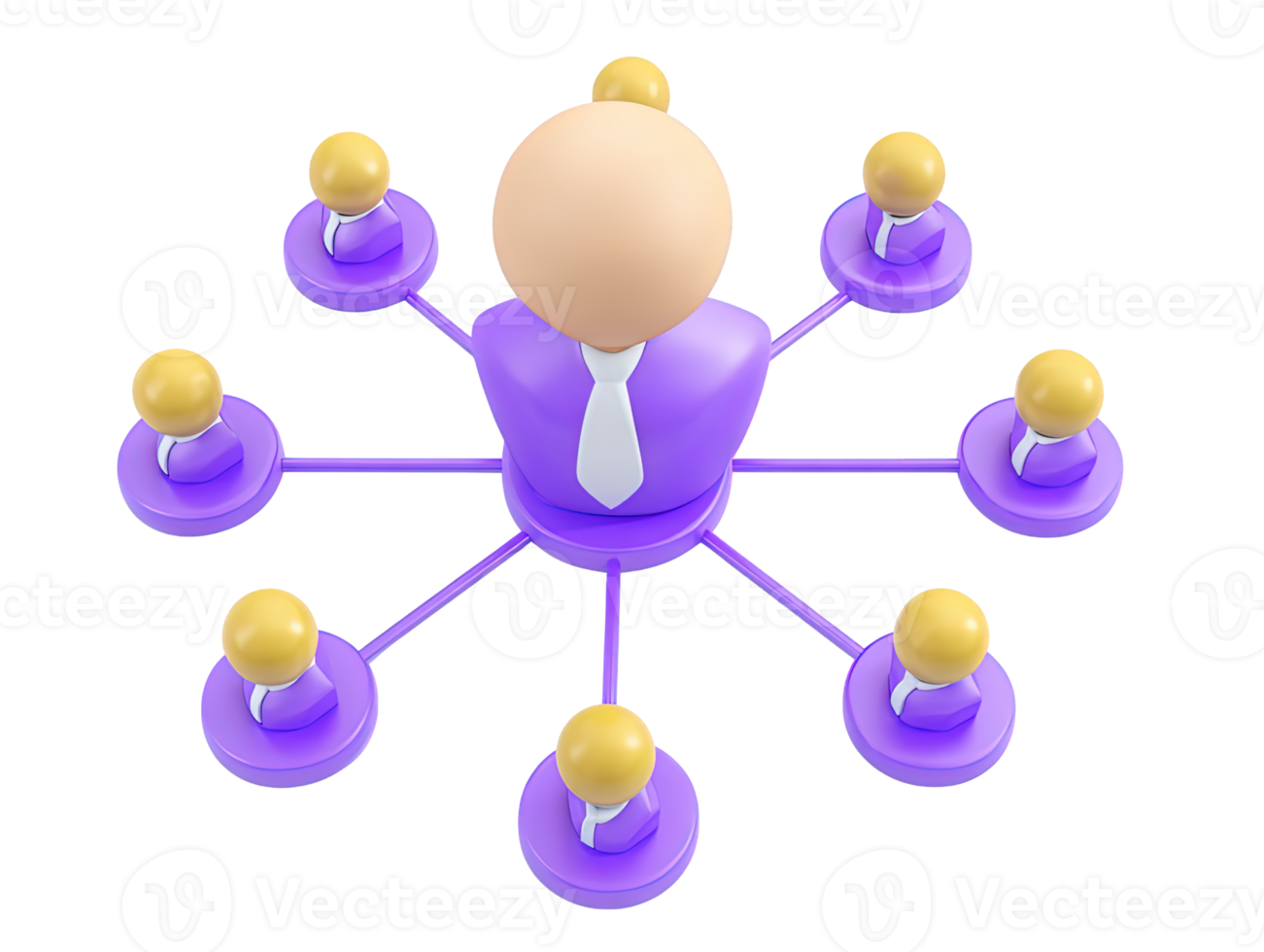 A dynamic 3D rendered icon of a network structure with a central purple figure connected to yellow nodes representing teamwork organization or communication for modern business visuals png