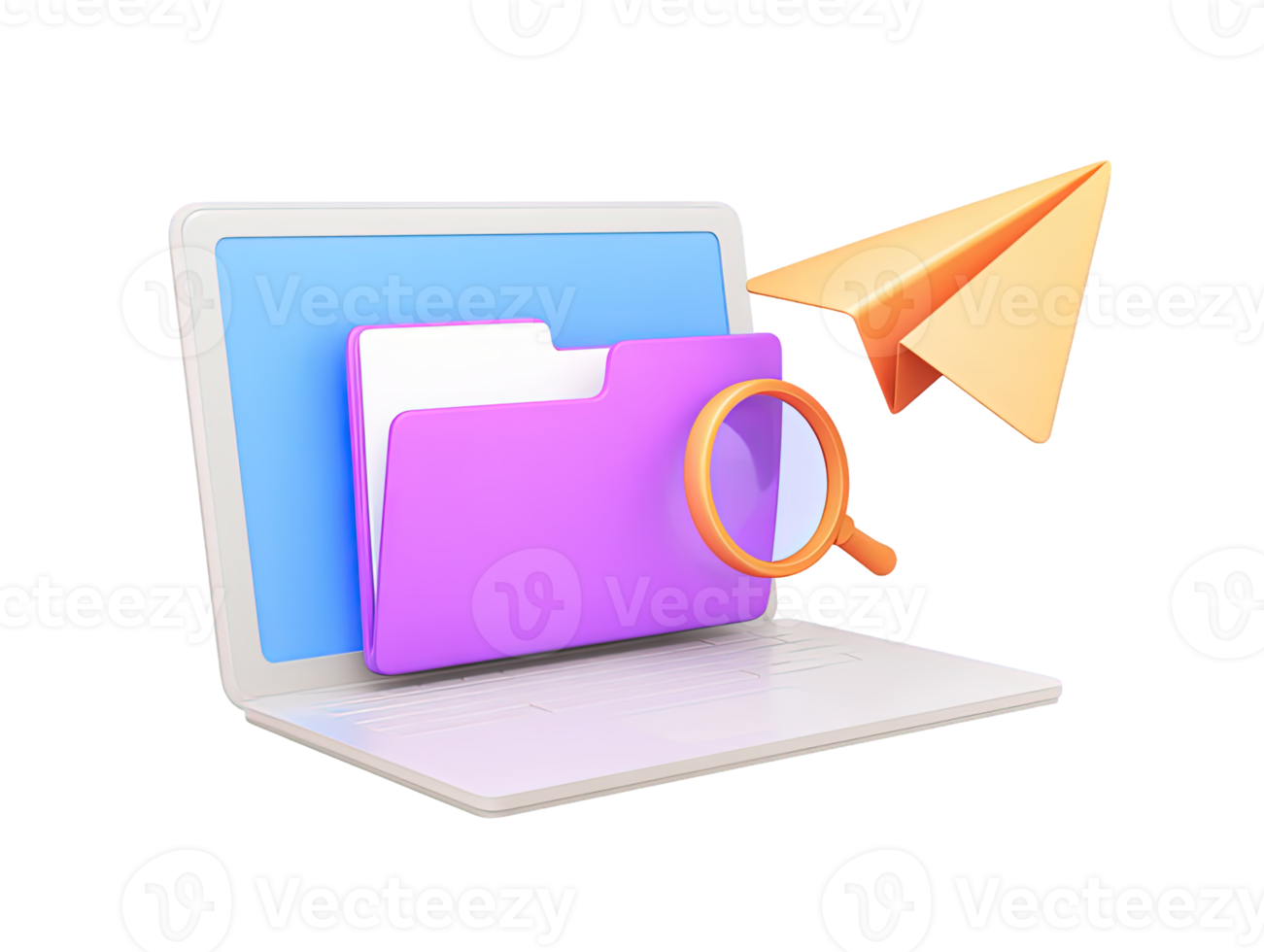 A 3D rendered laptop with a folder magnifying glass and paper plane symbolizing digital search data analysis online research or cloud file management for modern tech based operations png