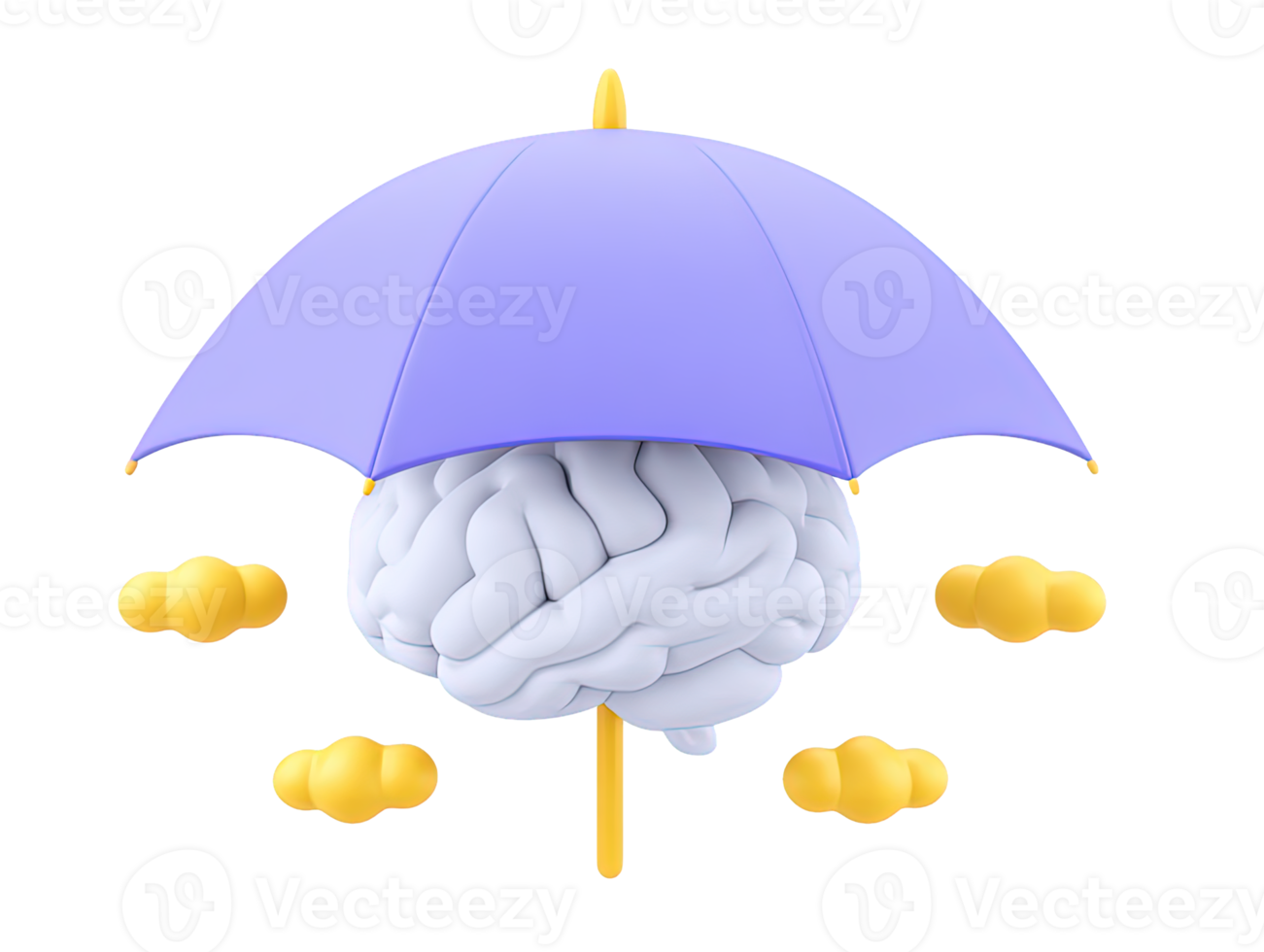 A 3D rendered brain under a purple umbrella with yellow clouds from another angle representing safeguarding thoughts mental wellbeing idea incubation or protecting valuable knowledge assets now png