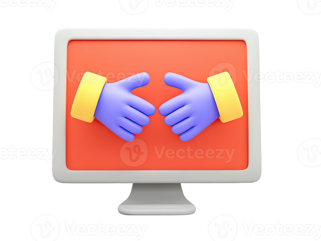 A 3D rendered computer monitor displaying two hands shaking symbolizing online agreements digital partnerships remote deals or successful virtual collaborations for modern business work flows png