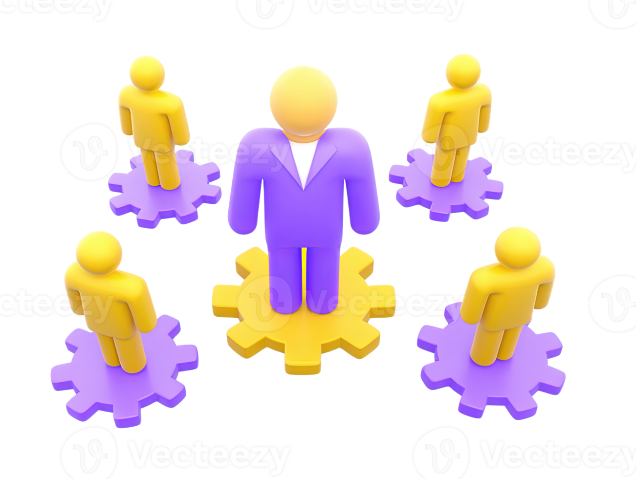 A 3D rendered icon depicting teamwork and collaboration with purple and yellow figures standing on interconnected gears symbolizing synergy operations process and business cooperation effectively png
