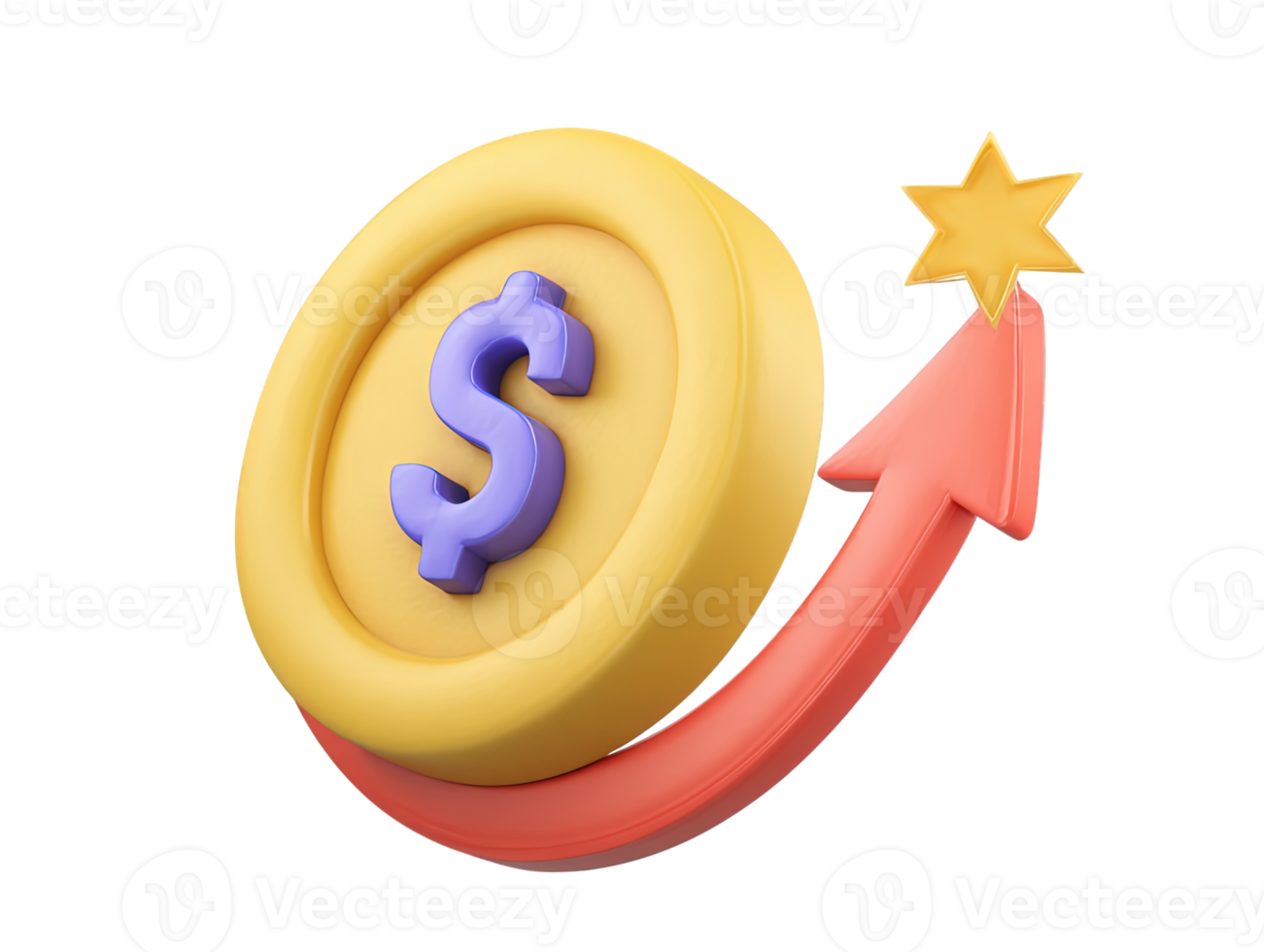 A 3D rendered golden dollar coin with a red upward arrow signifying financial growth investment success rising profits or increased monetary value for business and economic reports easily png