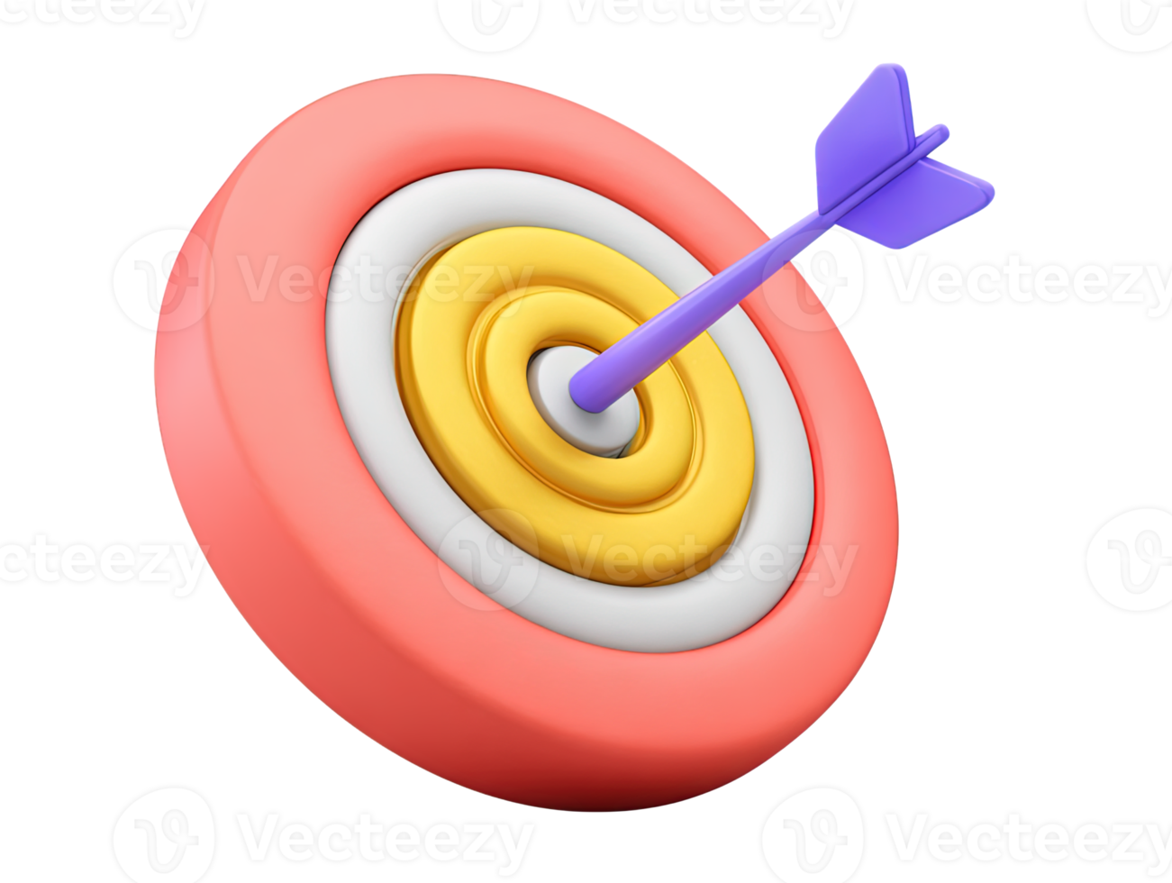 A vibrant 3D rendered target icon with a red and yellow bullseye hit by a purple arrow symbolizing achieved goals precision marketing success or strategic business objectives for any project png