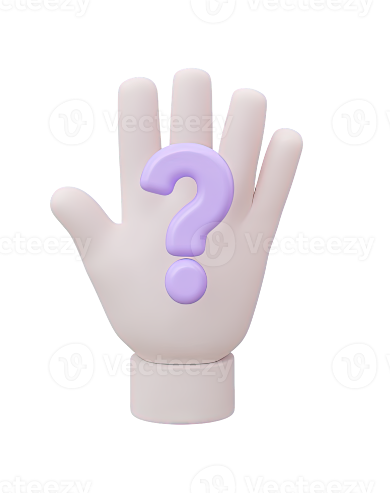 3D rendered hand with large purple question mark above palm Communicates questions uncertainty inquiry doubt problem solving or seeking information png