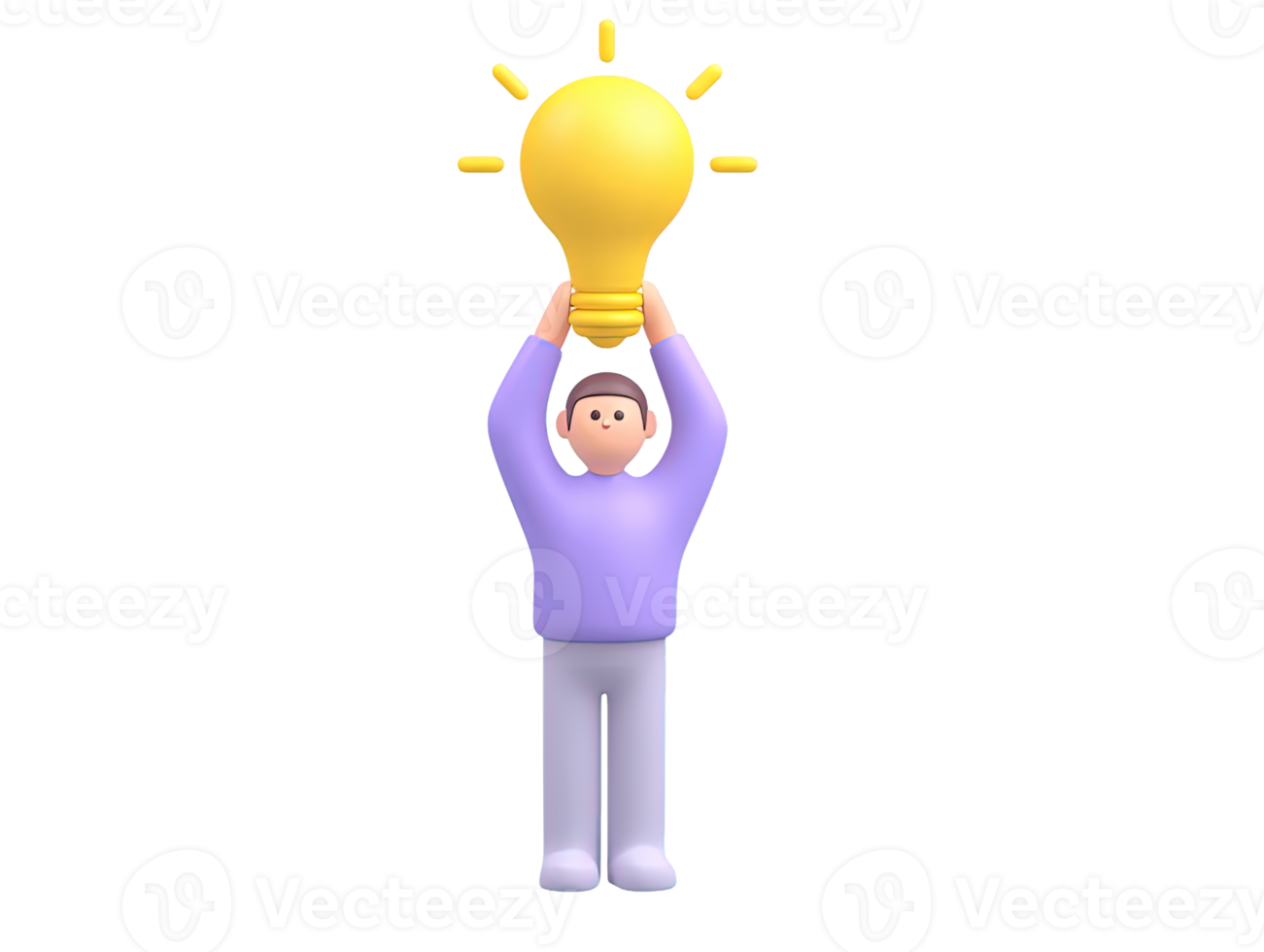 Front view 3D rendered human figure in purple shirt holding glowing yellow lightbulb Symbolizes ideas innovation inspiration or breakthrough moment png