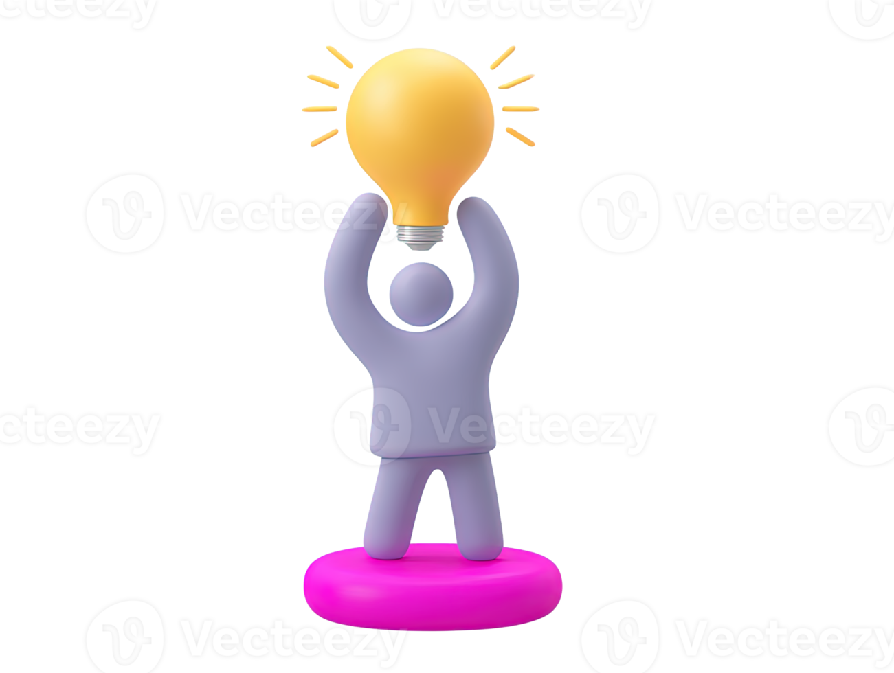 3D rendered grey human figure on pink base holding glowing yellow lightbulb Symbolizes ideas innovation creativity inspiration or Eureka moment Business concept png
