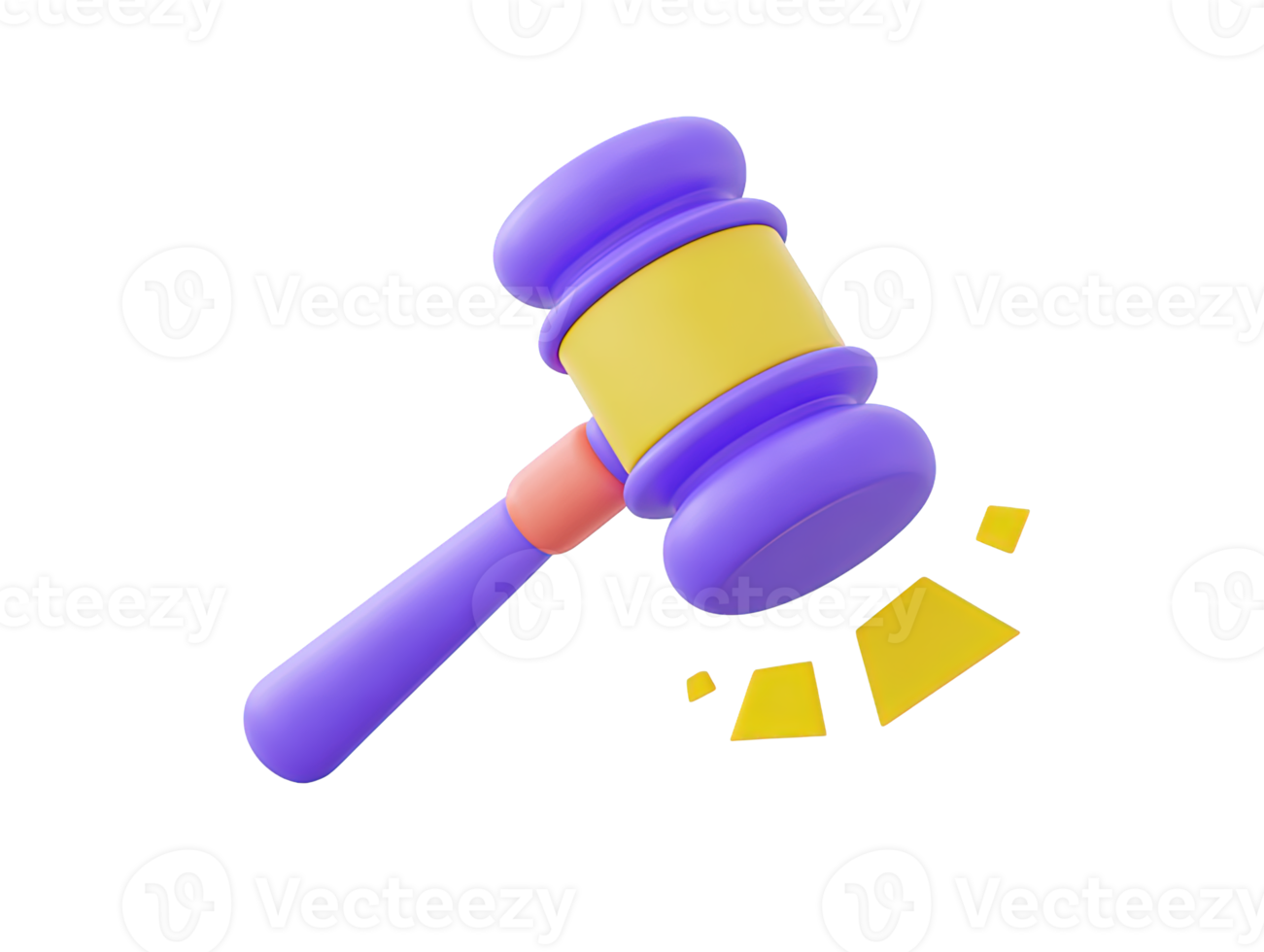 3D rendered gavel purple head yellow band on wooden handle Symbolizes law justice auctions authority decision making or judgment in official contexts png