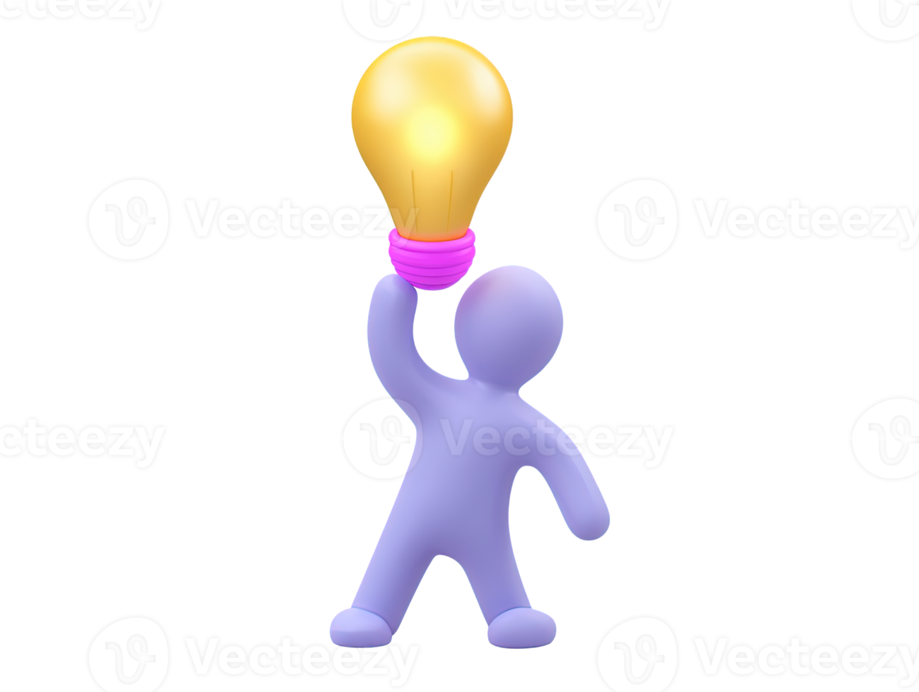 Stylized 3D rendered purple human figure actively holding lit yellow lightbulb Dynamic icon represents ideas innovation inspiration or problem solving png