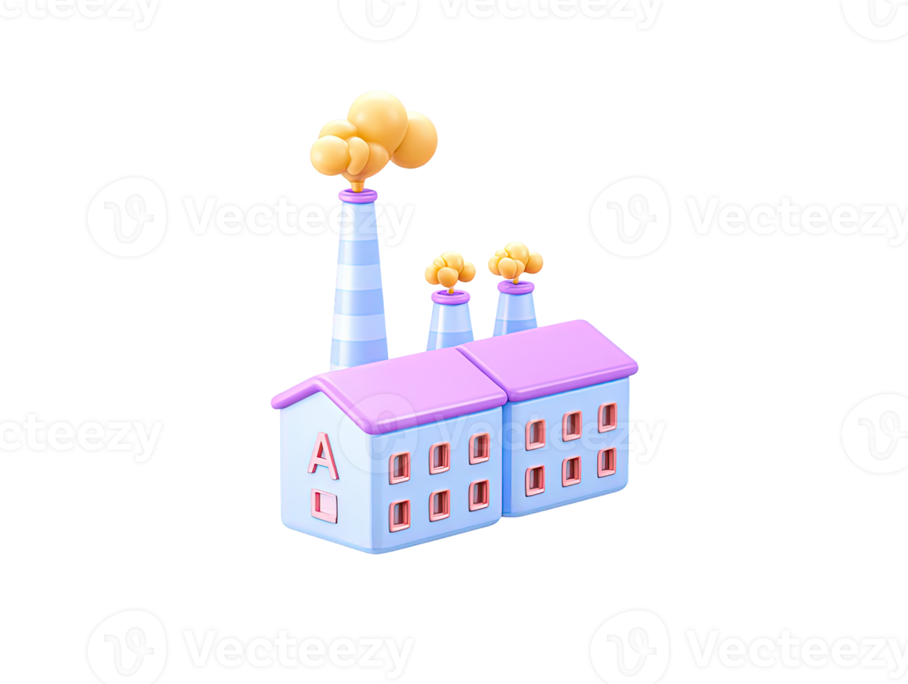 3D rendered pink factory icon two tall chimneys yellow smoke Signifies industrial operations manufacturing or energy production Modern isolated graphic png