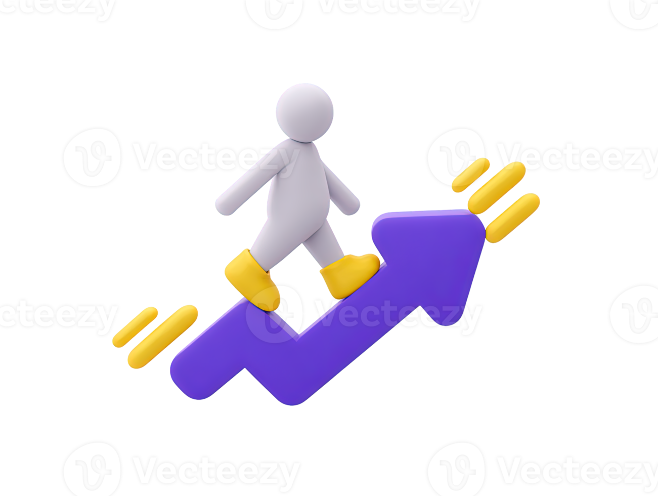 3D rendered human figure walking up large purple upward pointing arrow Symbolizes career growth personal development progress advancement or success png