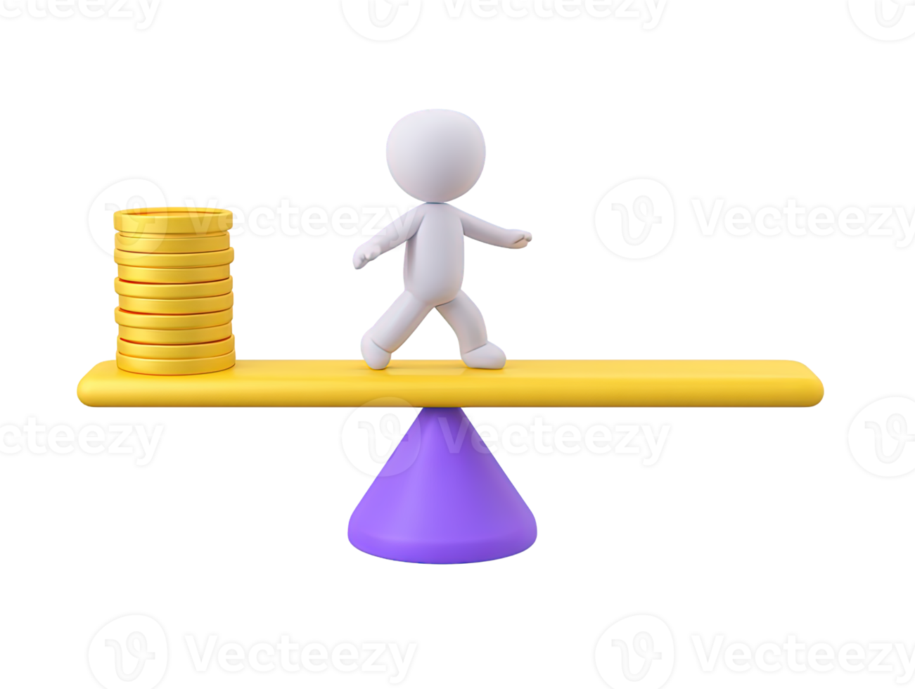 3D rendered figure balancing coins and smaller figure on seesaw Represents work life balance resource allocation fairness equality or weighing priorities png