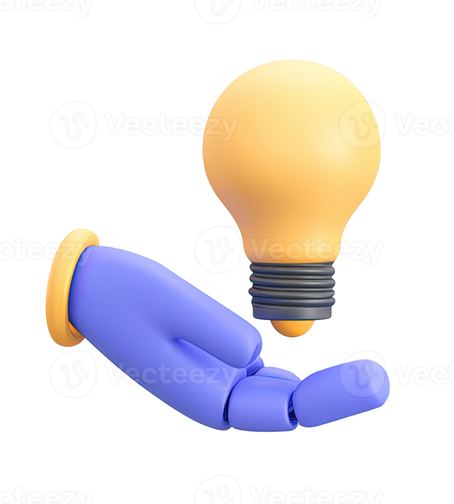 3D rendered blue gloved hand offering or presenting lit yellow lightbulb Symbolizes sharing ideas innovation collaboration or presenting solutions png