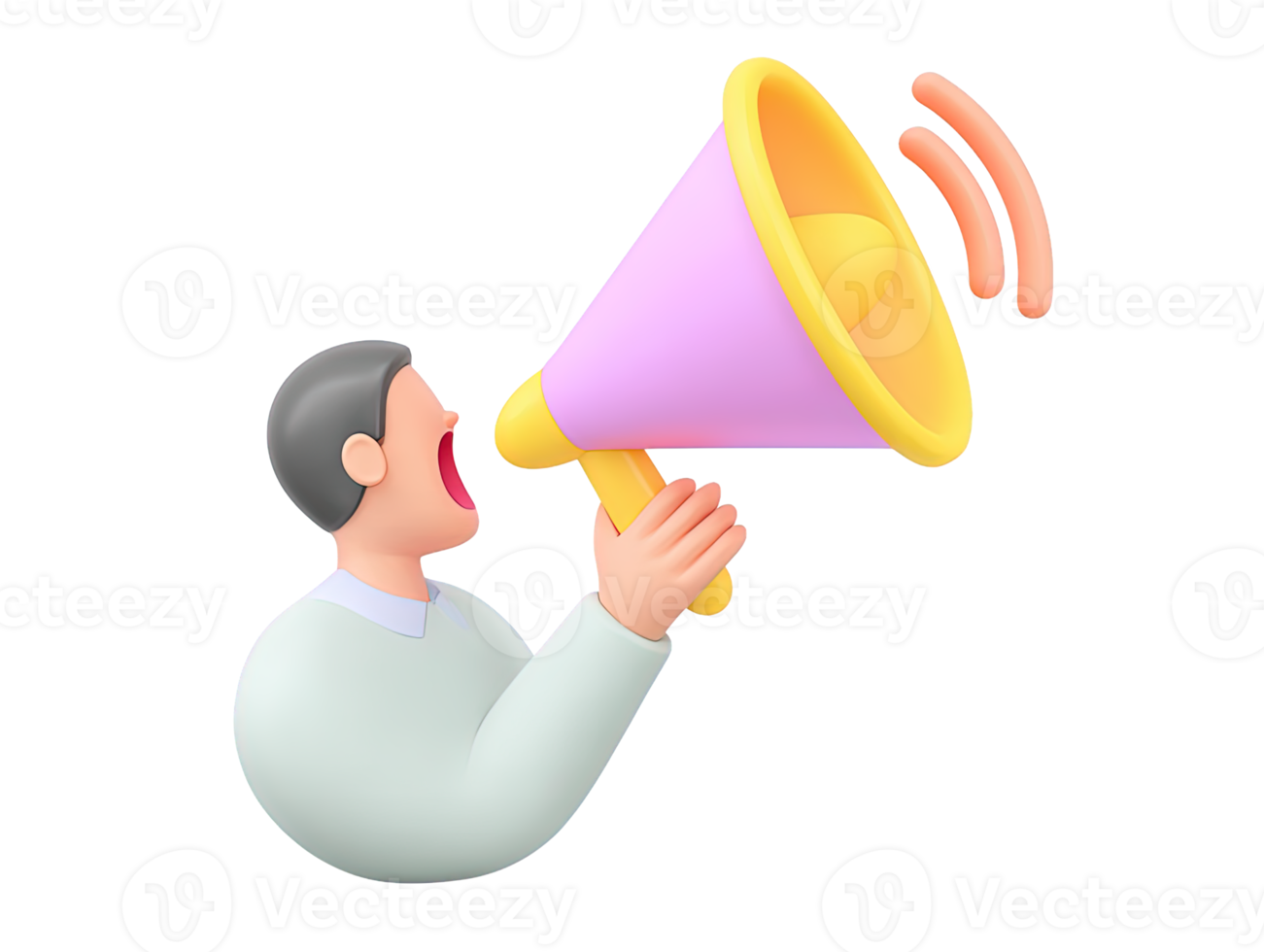 Side view 3D rendered figure speaking into purple yellow megaphone sound waves Conveys communication announcement public address or marketing messages png