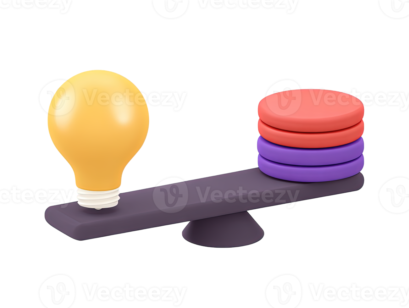 3D rendered seesaw balancing glowing lightbulb and stack of colorful coins Illustrates balance between ideas and investment innovation and cost graphic png
