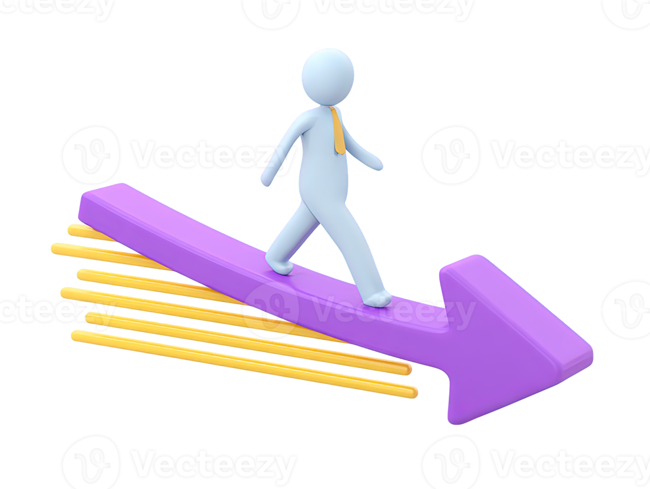 3D rendered human figure riding large purple arrow with yellow speed lines Dynamic icon represents progress growth forward movement ambition or achievement png