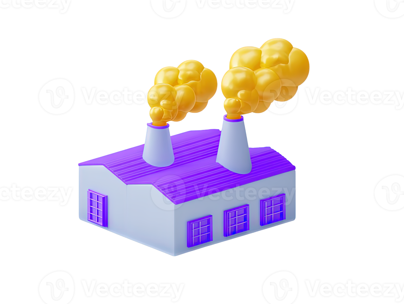3D rendered icon of a blue industrial factory Multiple chimneys release yellow smoke Represents manufacturing industry production or energy concepts Isolated graphic png