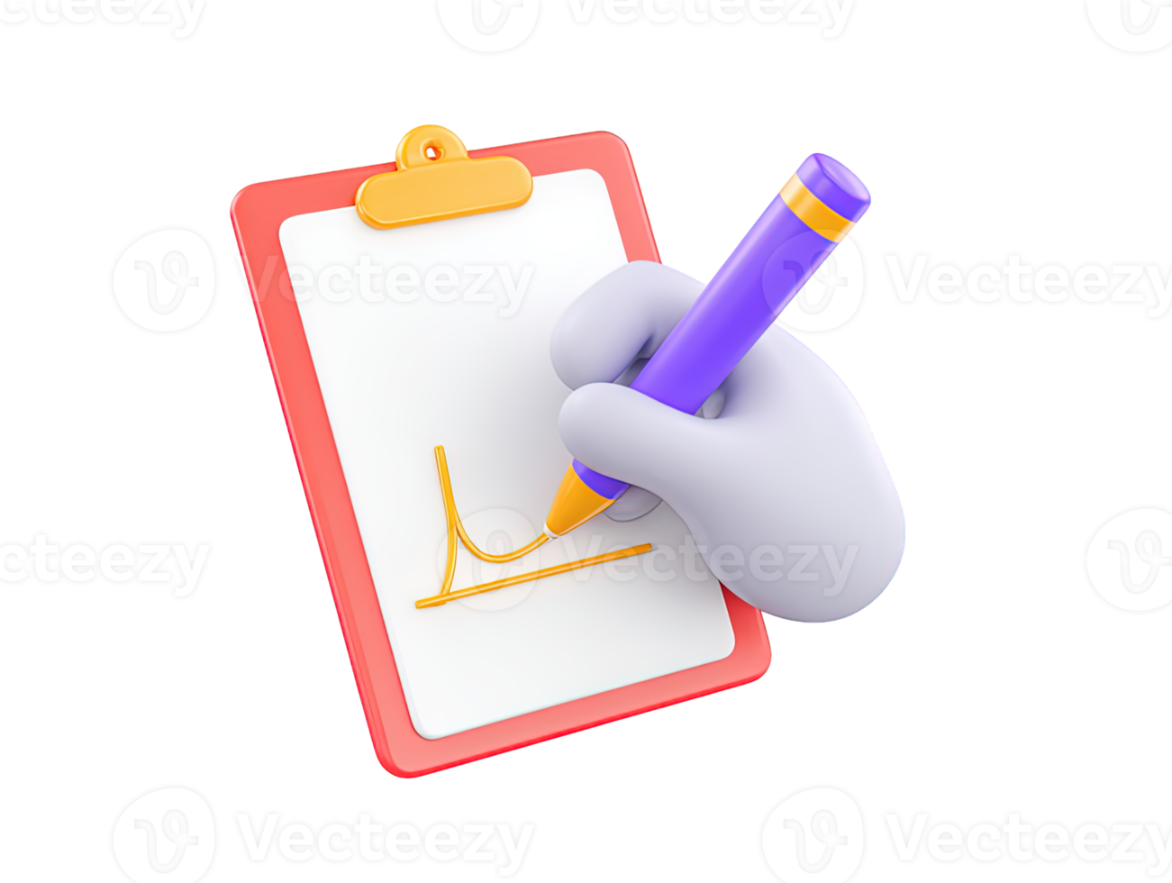 Angled view 3D rendered hand purple pen marking line graph on paper on orange clipboard Symbolizes data entry reporting analysis or task management png