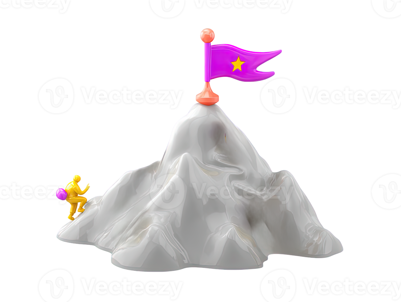 3D rendered mountain peak with purple flag at summit Symbolizes achievement success reaching goals victory overcoming challenges or leadership graphic png