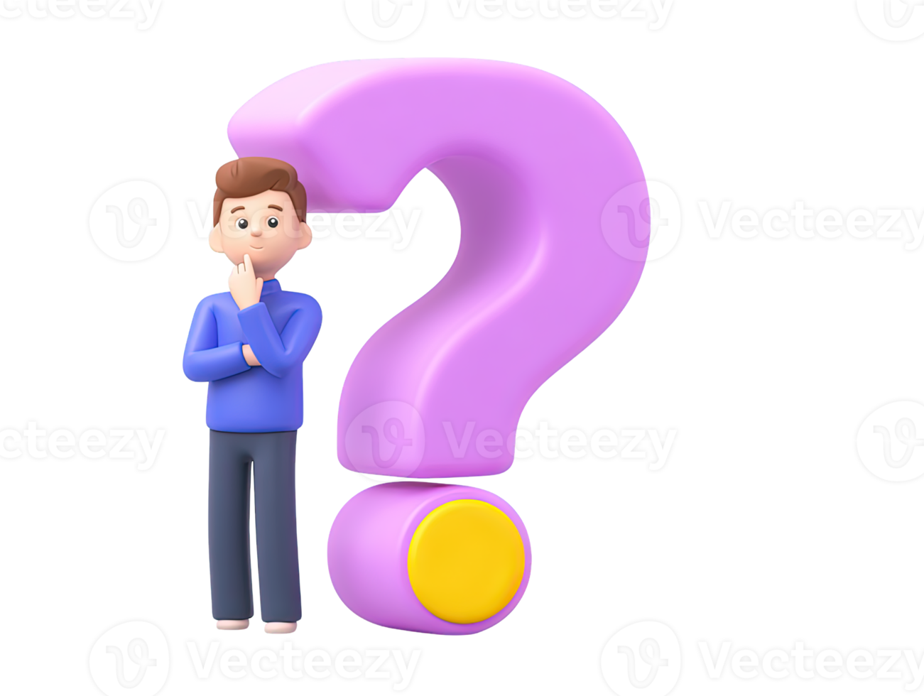 3D rendered male figure standing thoughtfully large purple question mark behind Illustrates confusion doubt problem solving or seeking answers graphic png