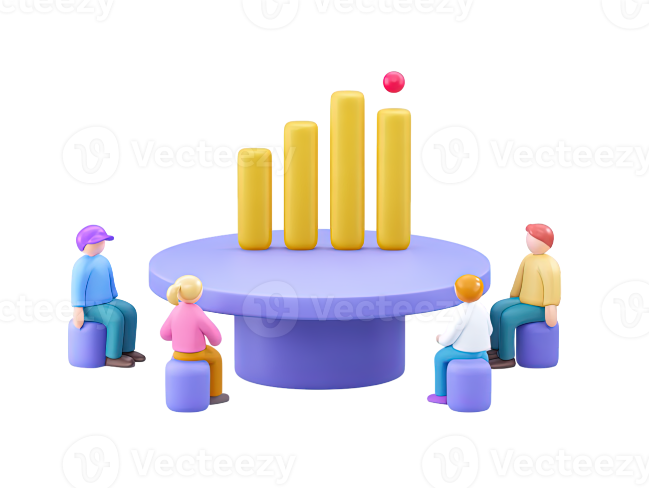 3D rendered diverse figures group around circular table with rising bar chart Represents teamwork collaboration business meetings or strategic planning png