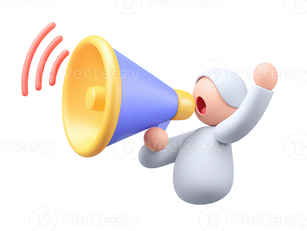 3D rendered figure white attire speaking into large golden megaphone sound waves Represents announcement communication public speaking or marketing graphic png