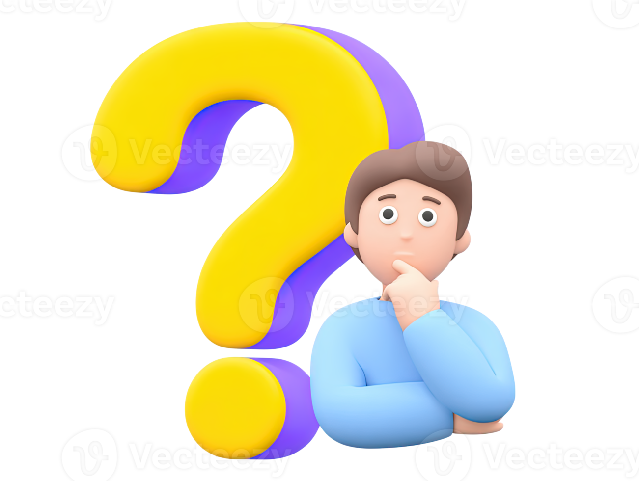 3D rendered male figure thoughtful expression next to large yellow purple question mark Symbolizes problem solving decision making seeking answers graphic png
