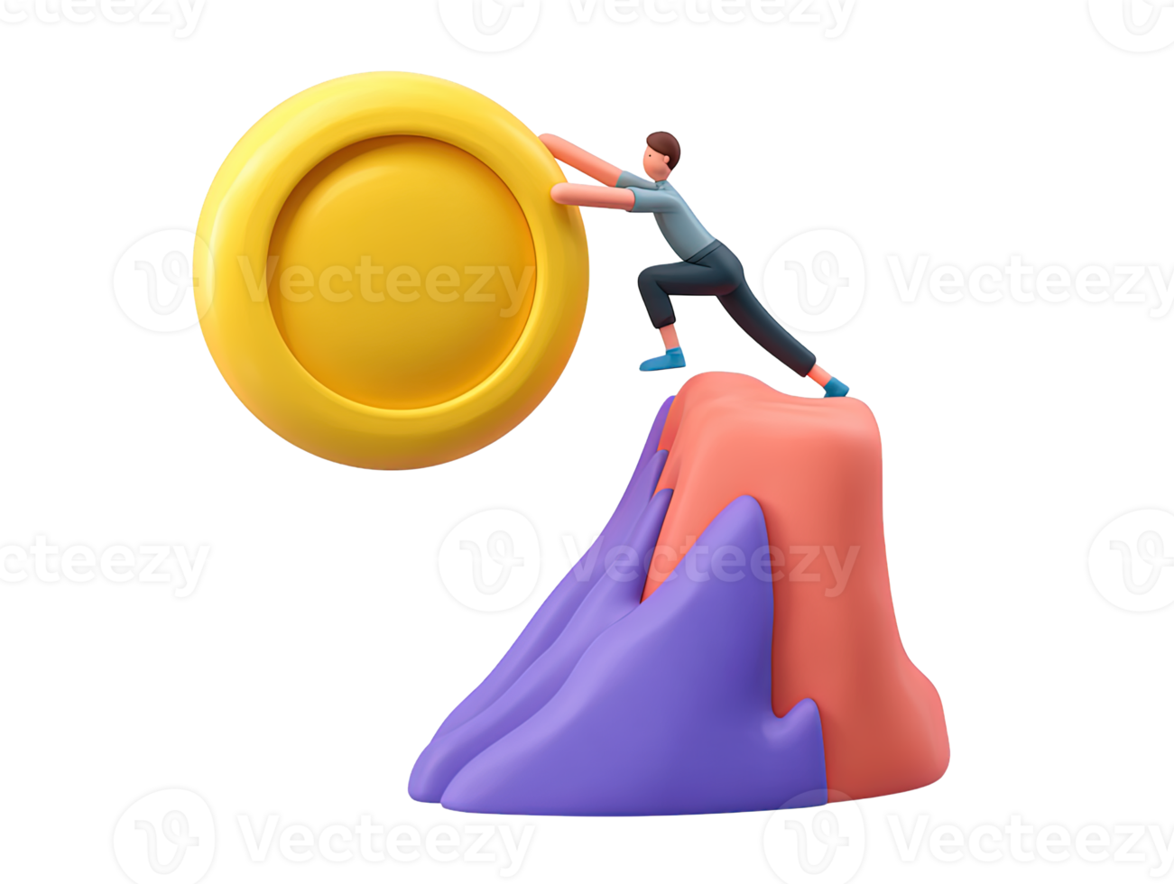 3D rendered figure climbing large coin on stylized mountain Symbolizes financial ascent overcoming economic challenges or achieving monetary goals graphic png