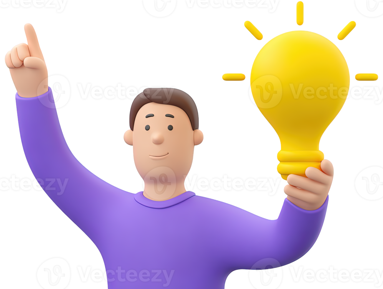 3D rendered male figure purple shirt pointing up holding large glowing yellow lightbulb Represents brilliant ideas innovation or creative thinking concept png