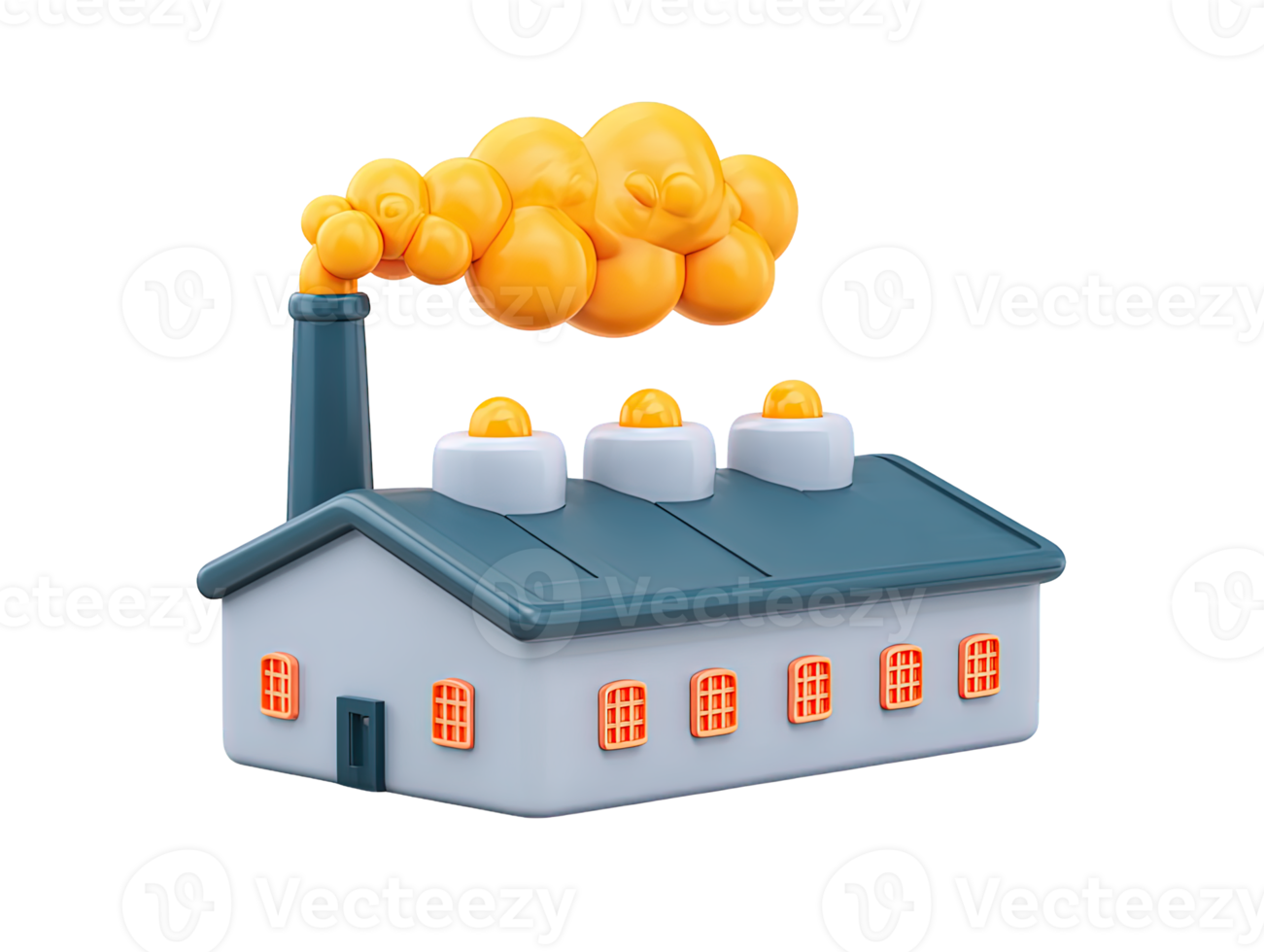 3D rendered factory icon green roof multiple windows yellow smoke Symbolizes industry manufacturing production or sustainable energy Modern clean visual design png