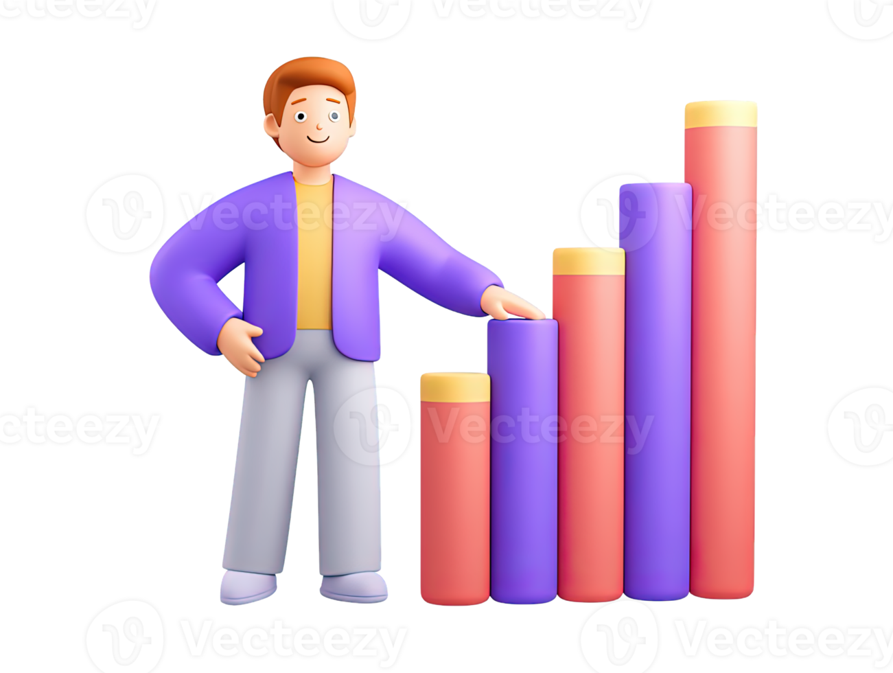 3D rendered male figure business attire standing next to colorful rising bar chart Represents business growth financial success data analysis or sales png