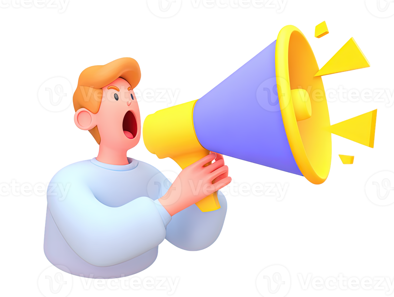 3D rendered male figure expressive face shouting into large yellow purple megaphone Dynamic icon symbolizes important announcements or marketing campaigns png