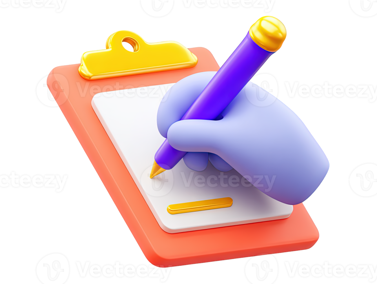 3D rendered hand using purple pen writing line graph on document on orange clipboard Represents planning analysis note taking reporting or tracking progress png