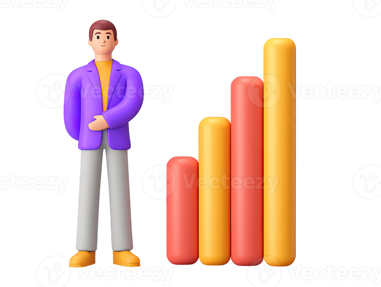 3D rendered male figure casual attire standing confidently beside rising bar chart Illustrates personal or business growth achieving goals positive results png