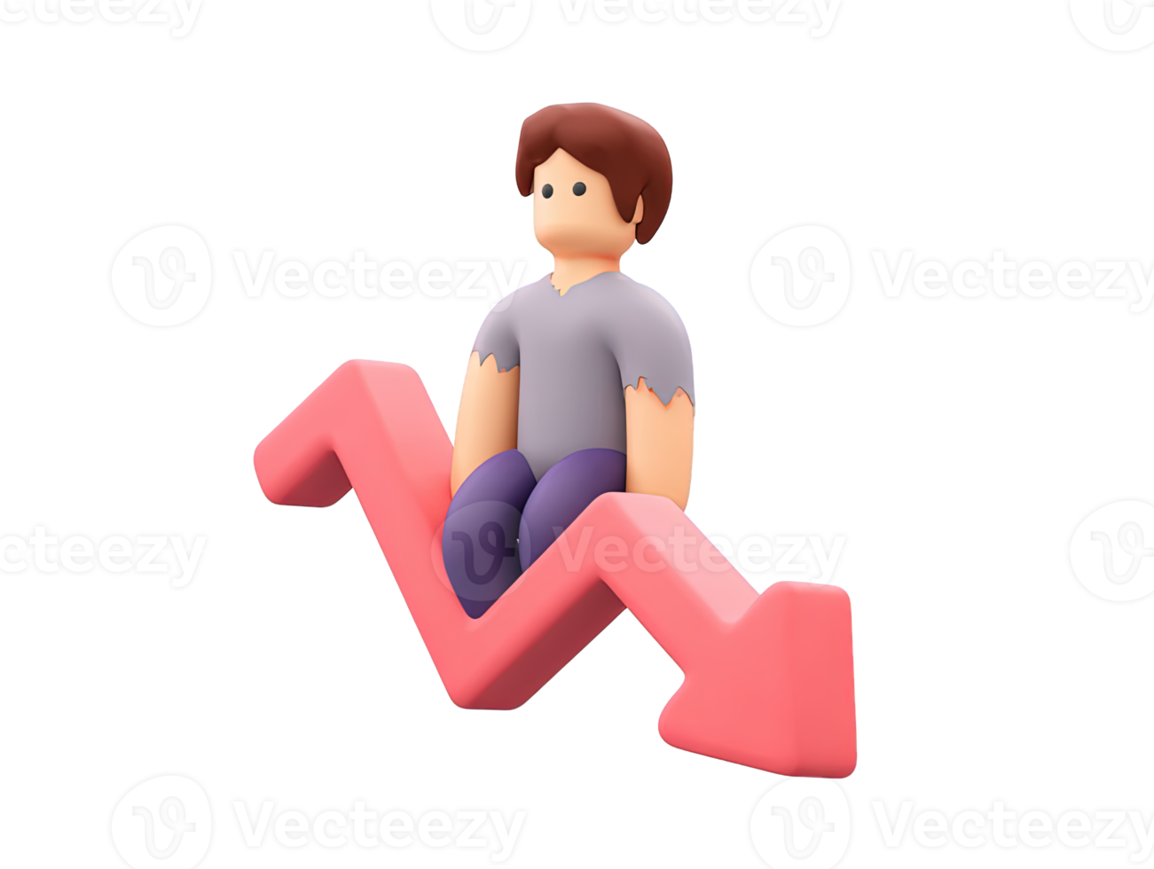 A 3D rendered icon of a figure riding a sharply declining red arrow representing financial loss recession corporate failure or a significant negative trend png