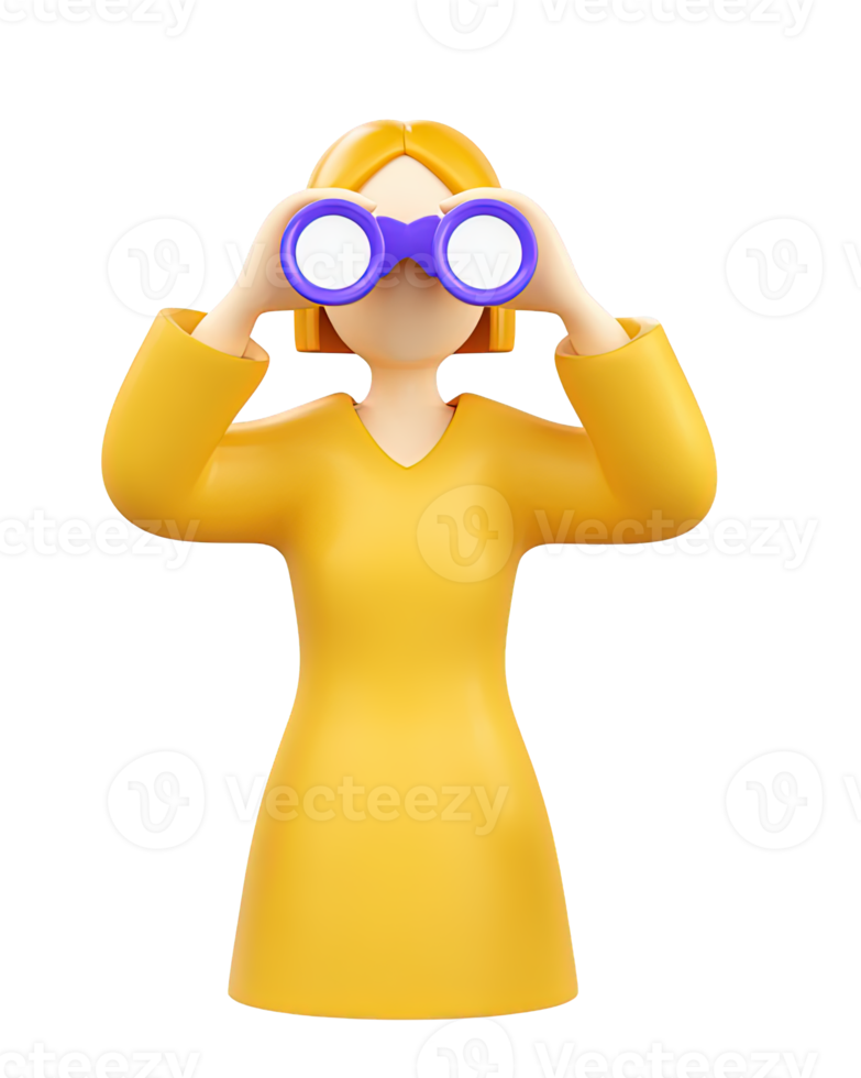 A 3D rendered icon of a woman in a yellow top looking through binoculars representing diligent searching discovery careful observation or exploring future possibilities ahead png