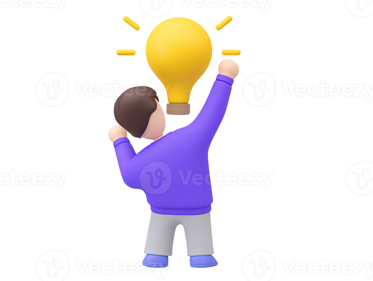A 3D rendered icon of a figure reaching up to grasp a glowing lightbulb symbolizing the pursuit of new ideas innovation inspiration and a eureka moment png