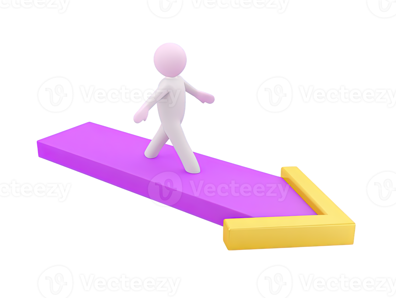 A 3D rendered icon of a stylized figure walking along a straight purple arrow path indicating clear direction progress forward movement and a defined journey ahead png