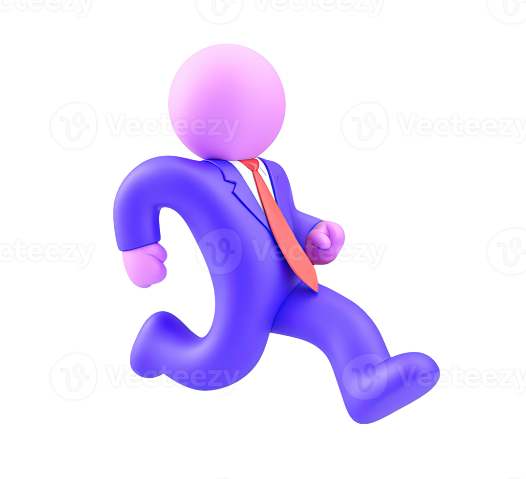 A 3D rendered icon of a figure in a purple suit and red tie running purposefully symbolizing business agility speed corporate ambition or chasing an opportunity png
