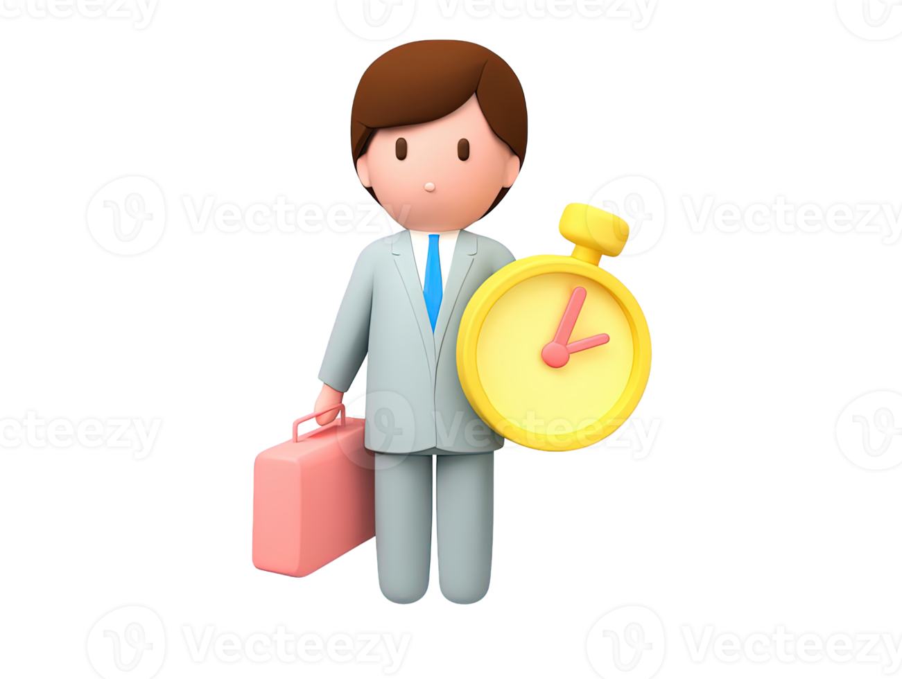 A 3D rendered icon of a businessman holding a briefcase and a clock emphasizing effective time management deadlines punctuality and professional work responsibilities png