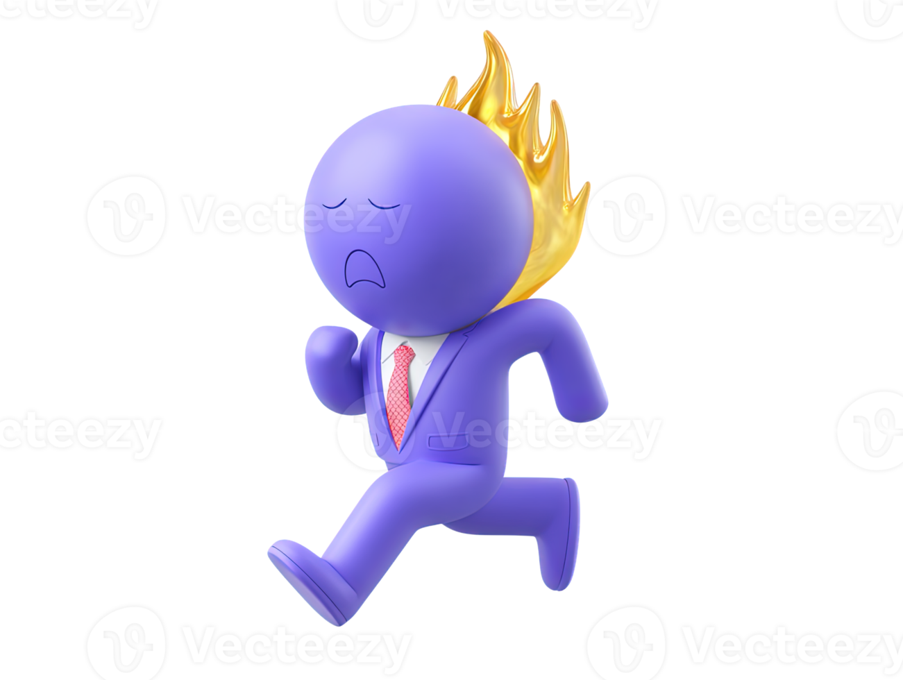 A 3D rendered icon of a businessman running frantically with his hair on fire depicting a highly stressful urgent crisis situation or being overwhelmed at work png
