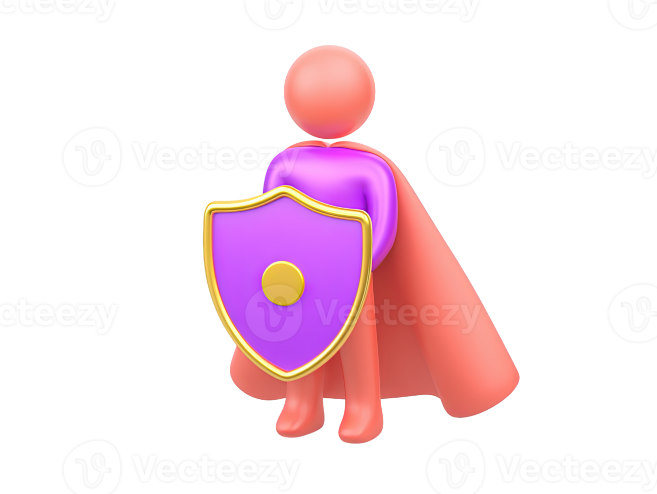 A 3D rendered icon of a valiant superhero figure with a red cape and a purple shield featuring a D emblem signifying reliable defense safety and powerful protection png