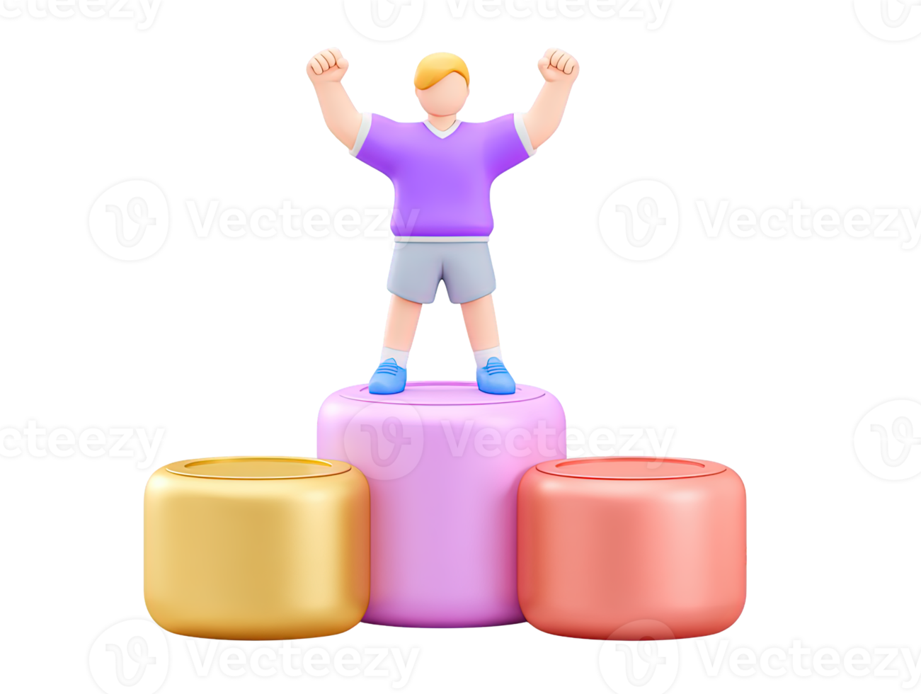 A 3D rendered icon of a joyful figure standing on a winners podium with arms raised celebrating achievement success and first place victory in competition png