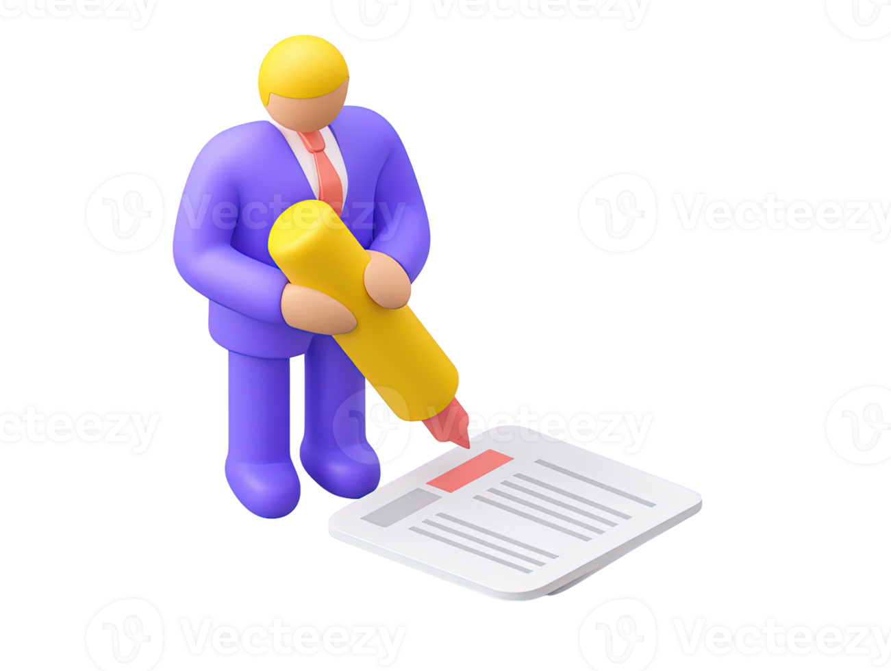 A 3D rendered icon of a figure in a suit signing a document or contract with a large yellow pen representing formal agreement deal or legal commitment made png
